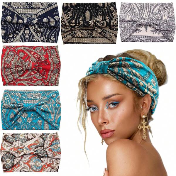 1 pieza Diadema deportiva ancha unisex, diadema elástica anudada estilo bohemio, banda para el cabello antideslizante para deportes, yoga, con estampado de rayas de paisley, de poliéster, de moda para todas las estaciones, diadema
