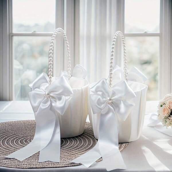 1pc Flower Girl Basket,Wedding Flower Youngsters Basket&White Petals, Basket With Lovely Pearl Handle Bow, Satin Flower Basket Suitable For Wedding Ceremony Baby Shower Party - Ivory And White