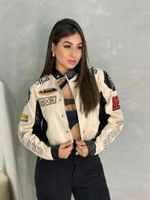 Women's Casual Leather Jacket Launch 2025 Winter Biker Motocross Embroidered Beautiful Stylish And Comfortable From S To GG Various Colors Black, Beige, Red, White Lettering Badge / Brooch Casual PU Leather Button Buttons On The Front - 米色 - 查看 1