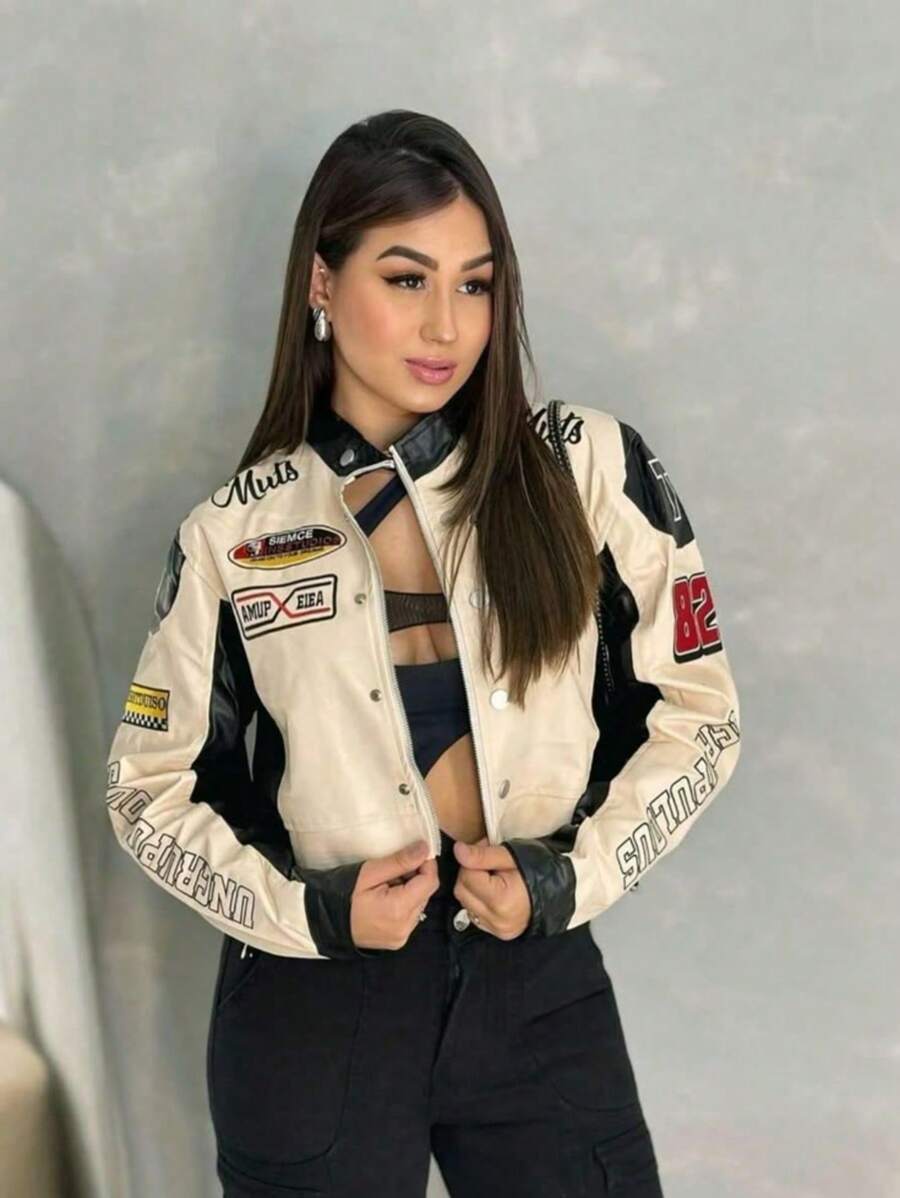 Women's Casual Leather Jacket Launch 2025 Winter Biker Motocross Embroidered Beautiful Stylish And Comfortable From S To GG Various Colors Black, Beige, Red, White Lettering Badge / Brooch Casual PU Leather Button Buttons On The Front - 米色 - 查看 1
