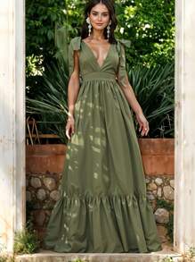 Vestido Largo de Primavera/Verano con Hombros Descubiertos y Cordón Ajustable con Escote en V o Pico Profundo y Volante Bajo Casual para Mujer - Verde militar - Ver 3