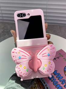 Y2K süße Silikon Schmetterling Halterung rosa matte Handyhülle kompatibel mit Samsung Galaxy Z Flip6 Z Flip5 Z Flip4 Z Flip3, koreanisch, liebevoll, PC harte Rückseite Schutzabdeckung - Pink - Übersicht 3