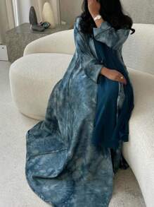 1 件优雅休闲细节印花开衩袖口长袍，阿拉伯迪拜时尚沙特开放式长袍，适合日常穿着和聚会，无需头巾，朴素的长袍 - 霧霾藍 - 查看 1