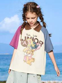 ASK JUNIOR Tween Girls Colorblock Sleeve & Collar, Graphic Print Short Sleeve T-Shirt, Summer Fashion - White - View 7