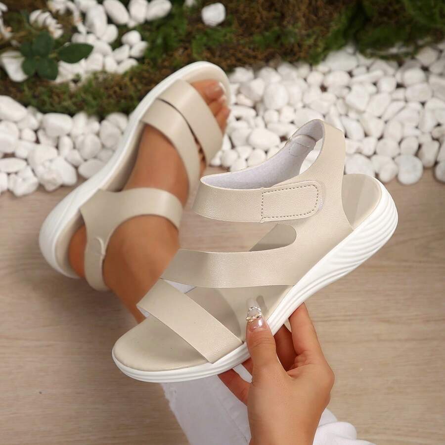 New Women Sandals, Fashion Asymmetric Design, Flat, Comfortable, Lightweight, Versatile Beach Sandals, White Thick Sole, Everyday Simple Loop & Hook Closure - Champagne - View 1