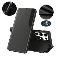 1个黑色PU皮革支架保护套,带显示窗口,可折叠翻盖,时尚皮革纹理,360°全方位保护,奢华硬壳,兼容三星Galaxy、苹果、红米手机,国际版,非国内版 - 黑色 - 查看 3