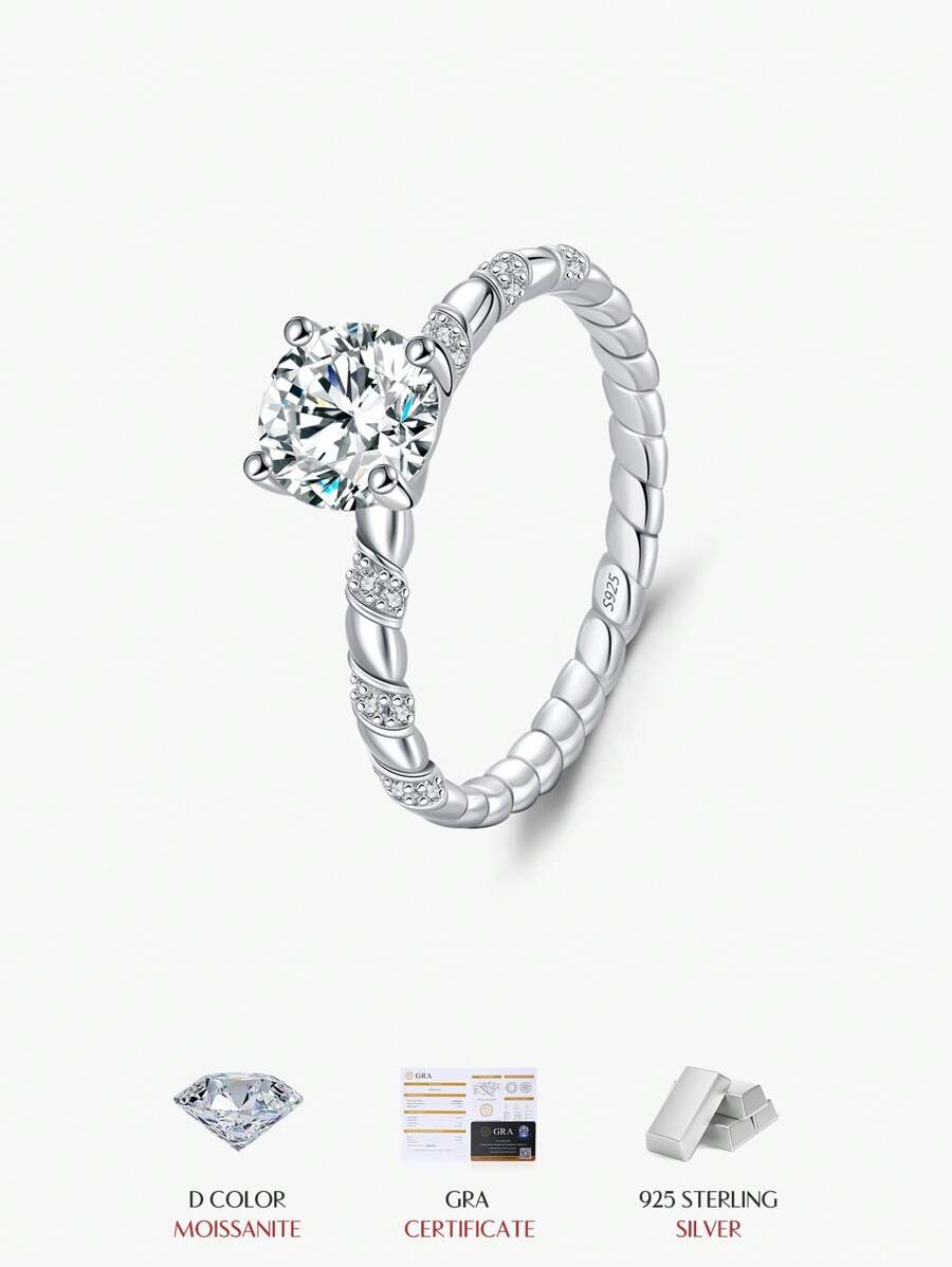 MODIAN 1ct Moissanite 925 Sterling Silver Shiny Twisted Lab-Grown Diamond Wedding Ring, Women's Bridal High-End Jewelry - Silver - View 1