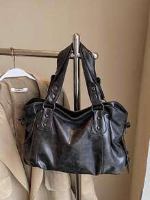 Retro Minimalist Large Capacity Fashion Student/Work Commute Tote Bag, Vintage Bag For Women, New Fashionable Big Bags For Women, New Arrival Tote Bags For Woman - Dark Grey - View 3