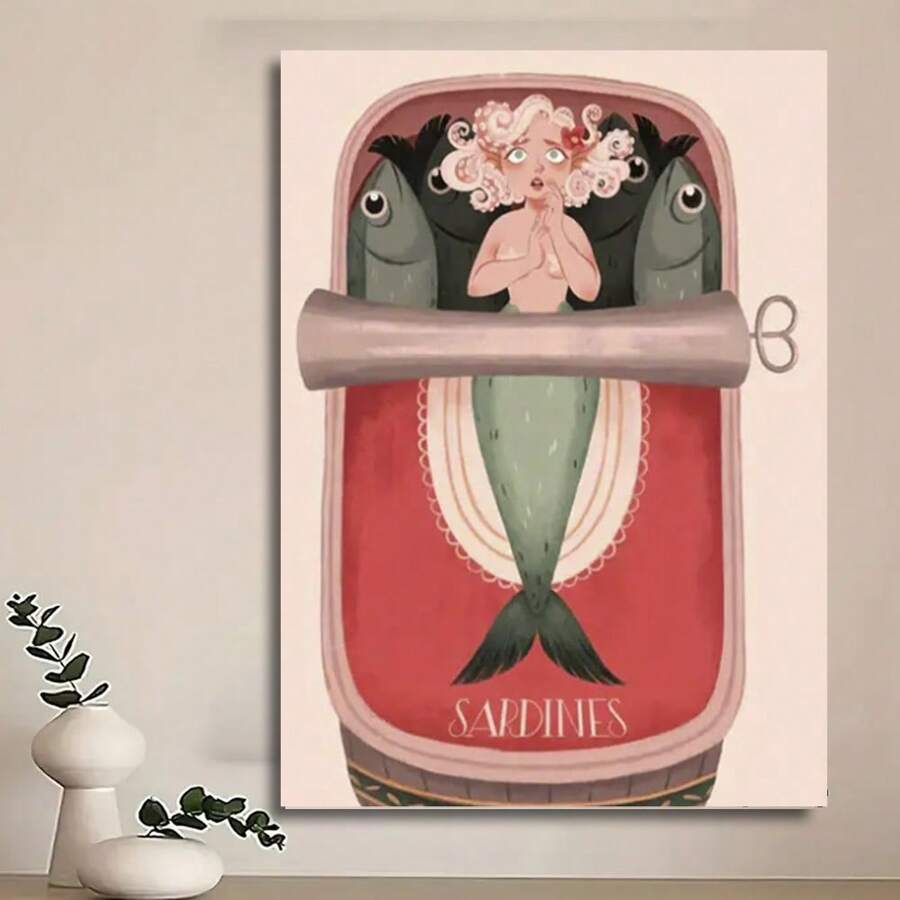 Framed Creative Sardine Mermaid Illustration Art Print Poster - Kitchen Food Art, Canvas Wall Art, For Home Office Bedroom Living Room Kitchen Corridor Bathroom Hotel Bar Coffee Shop Wall Decoration - Framed - View 1