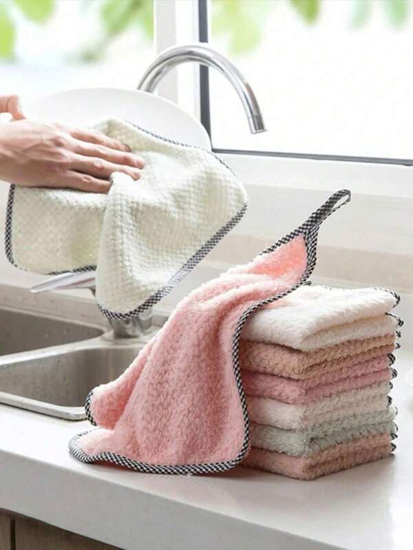 10Pcs Dishwashing Towel, Hangable Kitchen Cleaning Towel, Coral Velvet Towel, Dish Washing Table Cleaning Household Towel Random Color, Non-Stick Oil Dish Cloth, Double-Sided Absorbent Thickening Scouring Pad, Kitchen Cleaning
