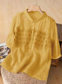 Women's Loose Fit Embroidered Semi-Sheer Short Sleeve Blouse, Spring/Summer - Yellow - View 3