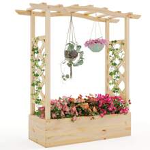 Wooden Raised Garden Bed W/ Trellis & Hanging Roof Planter Box Drainage System - Natural - View 1