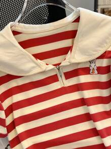 女孩兔刺繡POLO T恤、條紋女童襯衫，8-12歲，拼色極簡風，女孩服飾，返校季，齋月襯衫，齋月T恤，兒童齋月服飾，兒童齋月，青少年套裝，春季，春季，夏季，秋季，冬季，條紋，美式風格，齋月節，宰牲節，齋月節，宰牲節，網路星期一，宰牲節，返校季，國慶日 - 酒紅色 - 查看 4