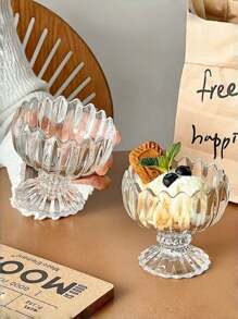 1pc Ruffled Vertical Stripe Short Glass Cup, Ins Minimalist Ice Cream Cup, Cute Pudding Cup, Coffee Cup, Milk Tea Cup, Suitable For Home, Restaurant, Cafe