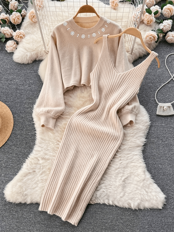 Conjunto de 2 peças de blusa curta de malha com decote redondo e pérolas + vestido de malha de cintura alta, conjunto de suéter de malha casual elegante de 2 peças para outono/inverno feminino, estilo urbano feminino