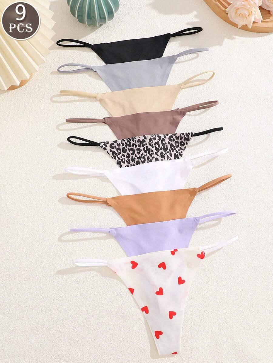 9pcs/Set Women Breathable Low-Rise G-String Panties, Featuring Heart & Leopard Print, Sensitive Waistband, Seamless Bikini Briefs, Sexy Lingerie - Multicolor - View 1