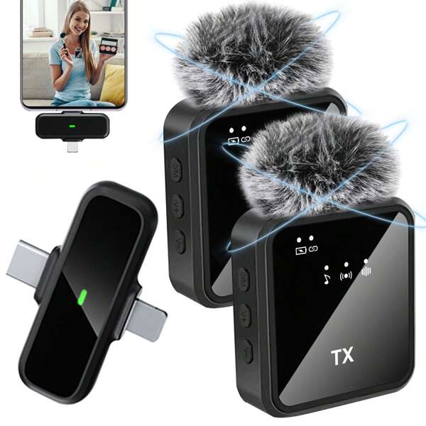 Wireless Lavalier Microphone For IPhone Plug Play Dual Lapel Microphones Cordless Mic For Video Recording Vlogging Live Streaming Noise Cancellation Mono Stereo Output(300mAh Rechargeable Battery)