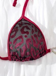 两件套女士性感圣诞红色豹纹内衣套装，红色豹纹系带露背文胸，心形金属拼接薄纱花卉面料浪漫内衣套装 - 紅色 - 查看 9