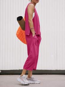 Women's Summer 2 Piece Outfits Sleeveless Tank Tops And Wide Leg Pocketed Pants Workout Sweat Sets - Màu Hồng Tươi - Xem 1