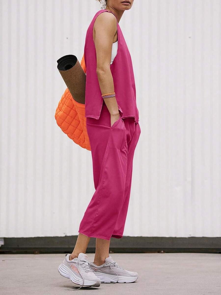 Women's Summer 2 Piece Outfits Sleeveless Tank Tops And Wide Leg Pocketed Pants Workout Sweat Sets - Màu Hồng Tươi - Xem 1
