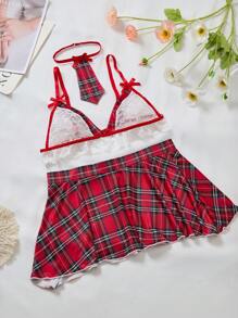 女士圣诞情人节三件套礼物：性感蕾丝胸衣、蝴蝶结围巾、百褶迷你裙套装 - 紅白色 - 查看 7