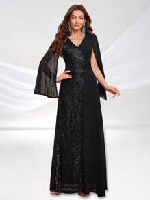 YISIKADO Elegant Sequin Contrast Chiffon Dress Evening Party Wedding Guest Bridesmaid Banquet Graduation Women Gown Formal Dress - Black - View 2