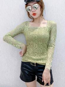 蕾丝长袖衬衫，女士新款时尚修身性感百搭方领上衣，秋冬 - 綠色 - 查看 3