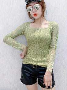 Blusa de renda manga longa, nova blusa feminina elegante justa sexy versátil gola quadrada, outono/inverno