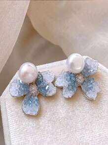 1 对时尚仿珍珠鸢尾花装饰耳环，独特优雅的风格适合女性日常穿着、外出、拍照、送给女朋友或伴娘的礼物（宝石颜色各异） - 藍色 - 查看 14