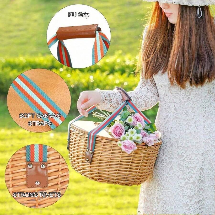 Cesta de picnic para 2 personas con manta - Cesta de picnic de mimbre con mesa | Juego de picnic de mimbre para 2 personas con nevera térmica grande | Cesta de mimbre con juego de cubertería | Cesta de regalo para Navidad