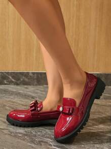 Women's Bow Rhinestone Decor Platform Casual Loafers, Red, Spring/Autumn, Daily Wear, Slip-On