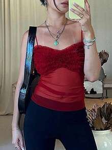 Women's Sexy Mesh Ruffle Cropped Cami Top, See-Through Street Style Spaghetti Strap For Summer - Red - View 4