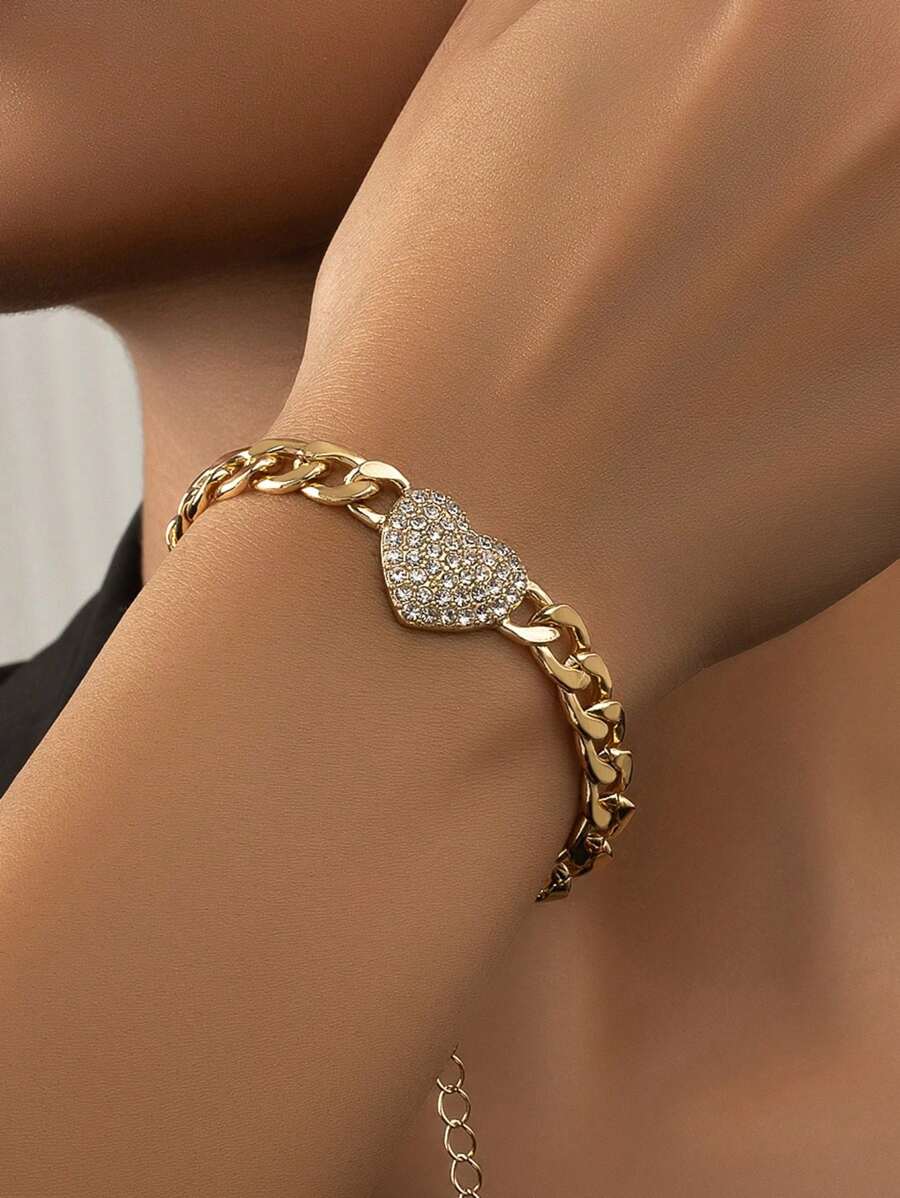 1pc Gold Color Rhinestone Heart Charm Multi-Function Bracelet, Minimalist & Practical