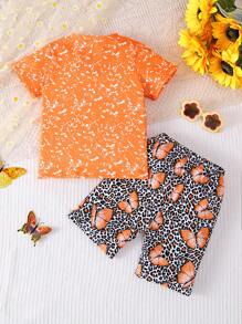 2 件女童休闲蝴蝶图案短袖轻针织 T 恤和蝴蝶豹纹短裤套装，夏季 - 橘色 - 查看 2