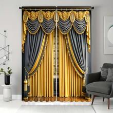 2pcs European Style Elegant Patchwork Pattern Home Textile Digital Printed Curtains, Designed For Easy Hanging, Providing Privacy, Suitable For Bedroom, Living Room, Kitchen, Study, Dining Room, Gaming Room, Essential Home Decor
