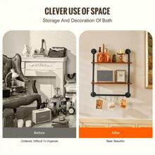 Rustic Industrial 2 Tier Wall Mounted Pipe Shelf For Kitchen And Bedroom Storage - Black - View 6