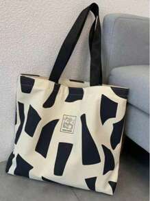 Women's Fashion Geometric Print Large Capacity One Shoulder Tote Bag - Black - View 3