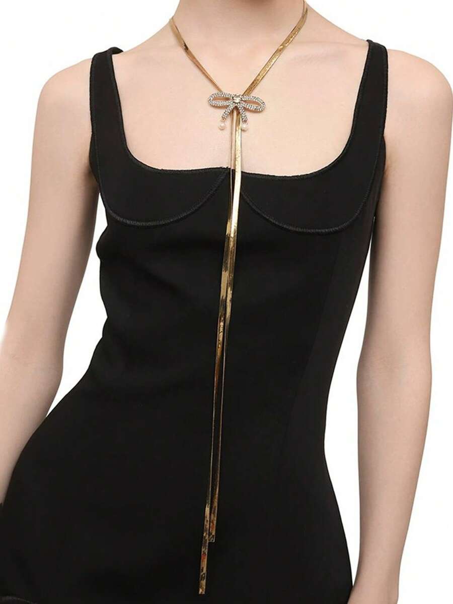 1pc Women Gold Bowknot Tassel Necklace, Music Festival Accessory - Gold - View 1