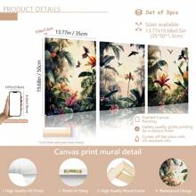 3 pièces/set Peinture de paysage de forêt tropicale imprimée sur canevas enveloppée sans cadre, set de décoration, style de peinture sur canevas moderne et déco art classique pour maison, bureau, salle de bain, salon, chambre, salle à manger - Paysage encré avec motifs de feuillage pour le printemps/été, utilisation intérieure et extérieure, thème art déco, affiches, décoration murale, accessoires de décoration moderne, botanique, animaux
