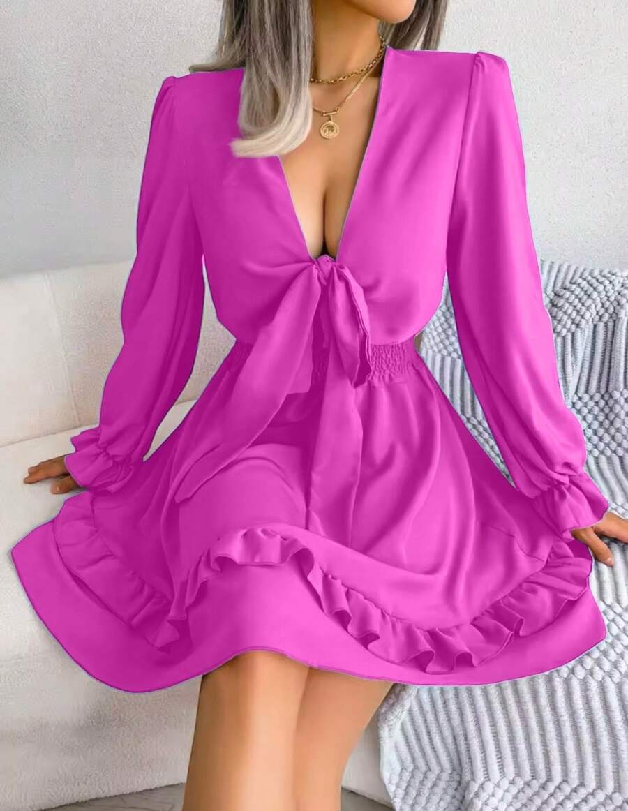 Dress With Ruffle And Knot In Front. - Hot Pink - View 1