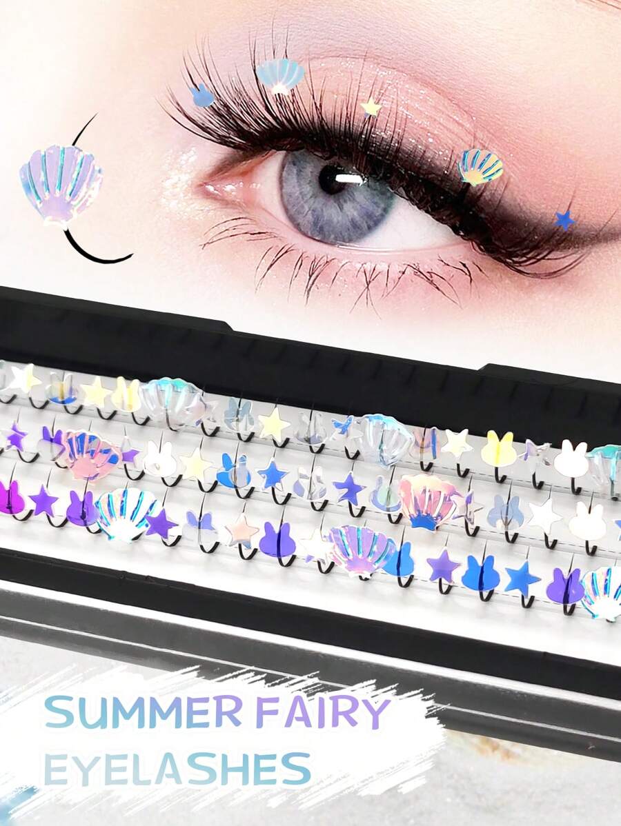 aHoneya 60 Peças Cílios Postiços em Formato de Cachos D, Cílios Postiços Brilhantes com Glitter e Estrelas em Formato de Conchas, Cílios Postiços de Maquiagem Brilhante e Mutável para Praia, Festa, Festival de Música