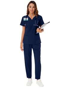 V-Neck Pocket Short Sleeve Top And Pocket Pants Scrub Set - Navy Blue - View 10