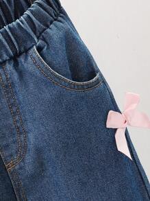 女婴蝴蝶结细节直筒牛仔裤，带口袋，甜美可爱，适合外出、居家、聚会，百搭 - 藍色 - 查看 3