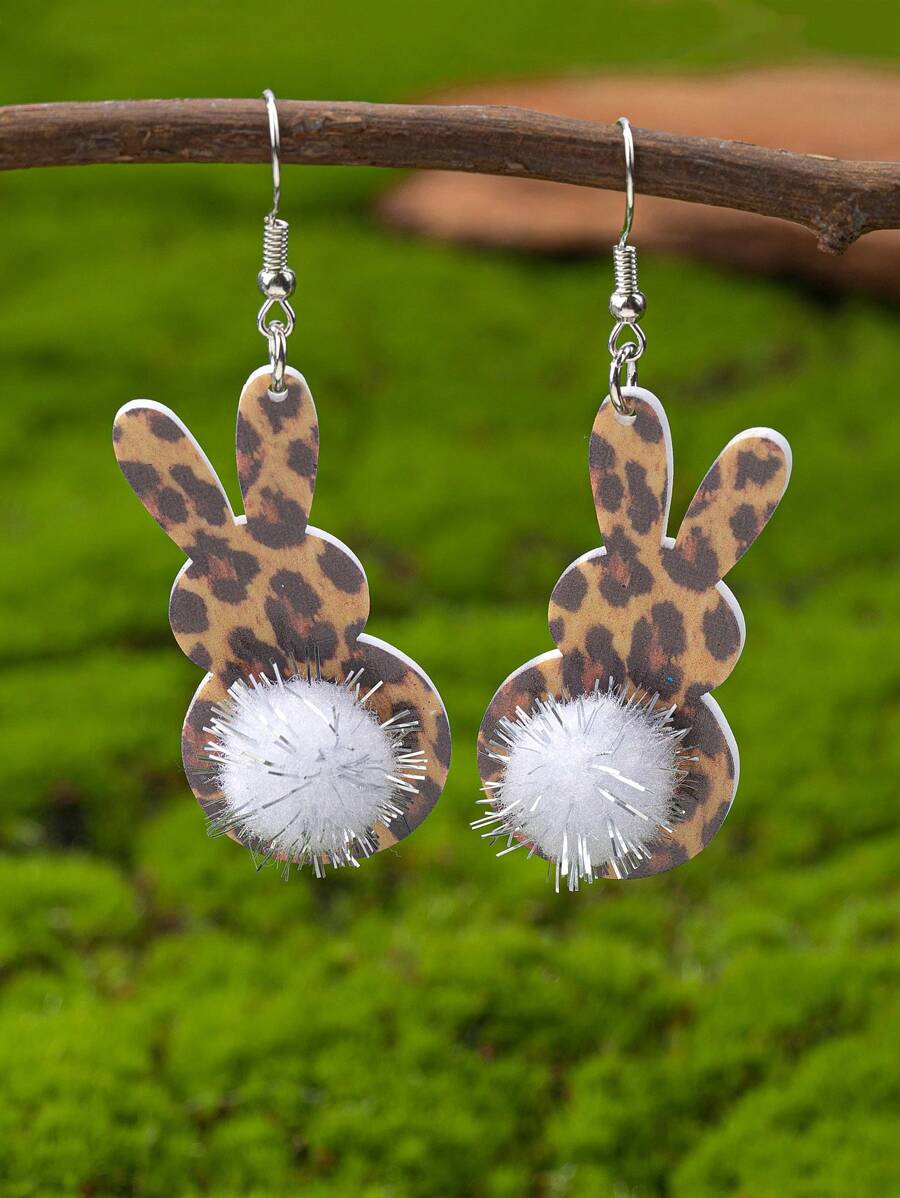 1 Pair Glitter Acrylic Cute Bunny With Pom Pom Tail Rabbit Easter Day Earring - Leopard-1 - View 1