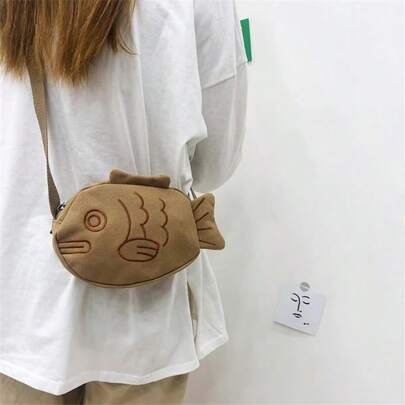 Bolso de mensajero de lona bonito estilo coreano con bordado creativo en forma de pez feo de dibujos animados, bolso de hombro/bolso para mujer