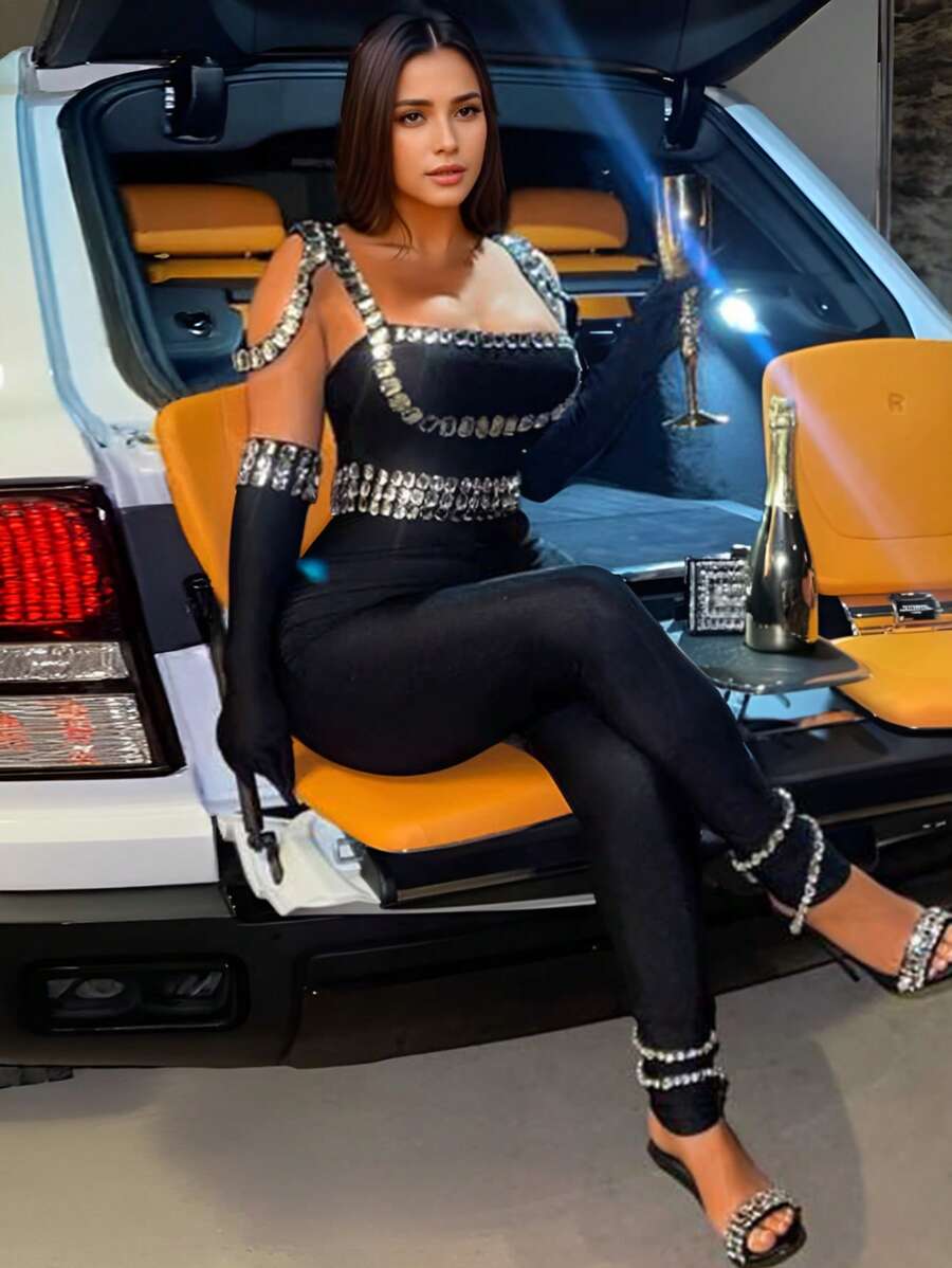 Fashion Summer Spring Slim Elegant Versatile Sparkling Rhinestone Suspenders New Long Jumpsuit Festival