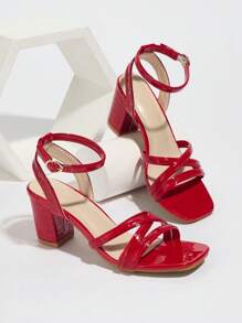 1 Pair Women's Fashion Crossed Strap Thick Heel Party Sandals, Crocodile Embossed Straps Roman Style Thick Heel Sandals