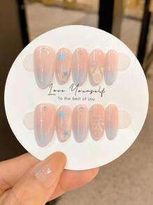 10 件/套手工指甲贴，杏仁形，灰蓝粉色渐变猫眼闪粉，3D 星星和蝴蝶结，优雅外观，适合日常和派对佩戴，适合学生、孕妇，包括凝胶抛光剂