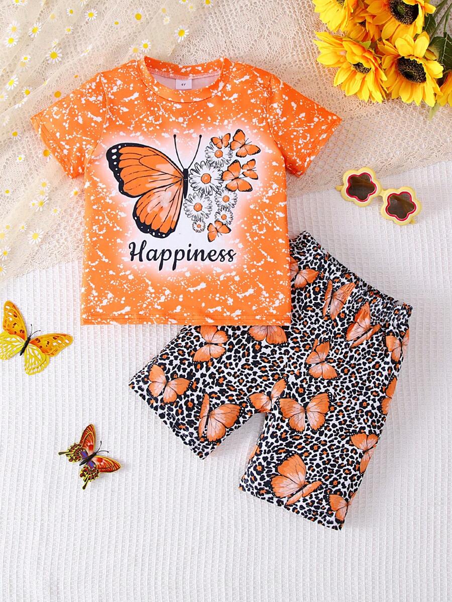 2 件女童休闲蝴蝶图案短袖轻针织 T 恤和蝴蝶豹纹短裤套装，夏季 - 橘色 - 查看 1