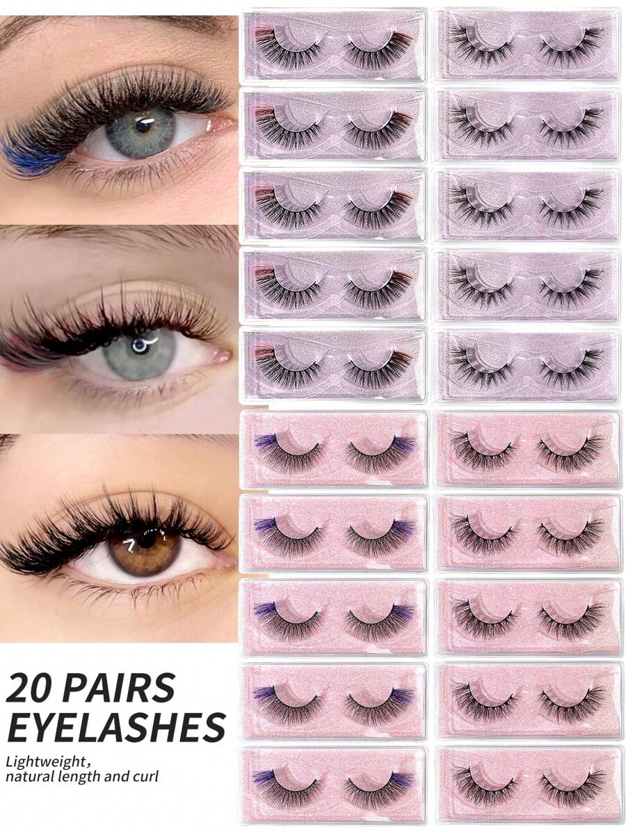 MAGEFY 20 Pairs Cat Eyelashes, Colorful Eyelashes, Fluffy Mink Fur Eyelashes, Pink Tail, 8D Eye-Catching Eyelashes,Color Mixed False Eyelash Eyes Lightweight, Skin-Friendly, Easy On The Eyes, No Burdens,Lengthen And Enlarge Your Eyes, Reusable, Perfect For Daily Or Commuting Makeup, Portable, No Awkwardness When Worn On - 彩色 - 查看 1
